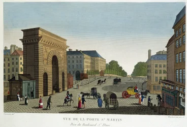 Utsikt över Porte St Martin - i "" Views of Paris"" av Courvoisier