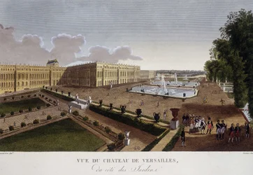 Chateau de Versailles på sidan av trädgårdarna - i "" Views of Paris"" av Courvoisier