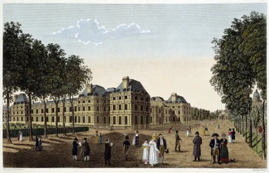 Trädgården och Palais du Luxembourg sett från terrassen på det lilla Luxemburg. Gravyr av Courvoisier