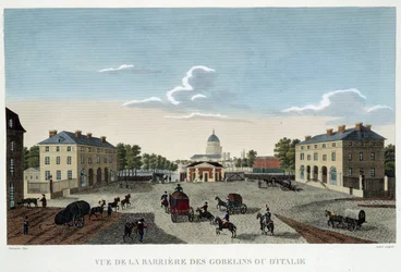 Gobelinerna eller den italienska barriären, cirka 1820 - i ""Views of Paris"" av Courvoisier