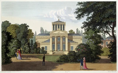 Paviljong av Monceau trädgård. Gravyr av Courvoisier