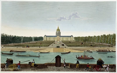 Utsikt över Champ de Mars och Hôtel des Invalides tagen på andra sidan Seine (Cours la Reine) - i "" Vues de Paris"" av Courvoisier