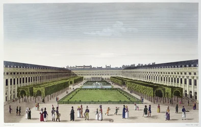 Utsikt över Palais Royals trädgårdar, sett från Galeries de Bois, graverad av Aubert Fils, ca 1815-20