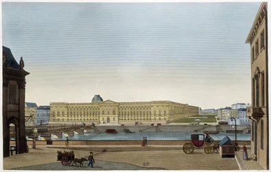 Utsikt över Louvren och Pont des Arts på den vänstra stranden - i "" Vues de Paris"" av Courvoisier