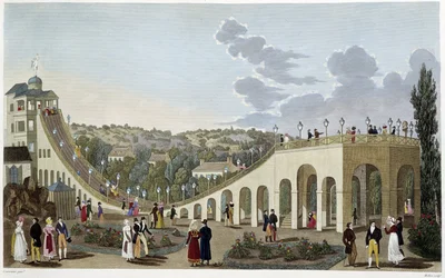 Utsikt över bergen i Belleville, cirka 1820 - i "" Vues de Paris"" av Courvoisier