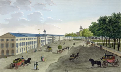 Utsikt över det nya galleriet för naturhistoriska museet vid Jardin des Plantes i Paris, graverad av Claude Fortier (1775-1835) (färgstick)
