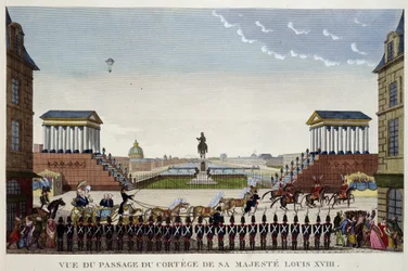 Utsikt över passagen av kortegen av hans majestätiska Ludvig XVIII den 3 maj