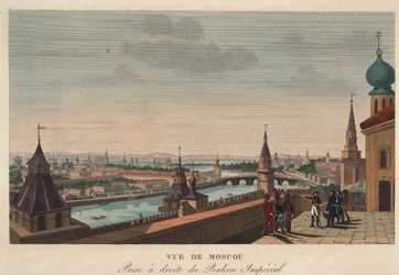 Utsikt över Moskva från balkongen på det kejserliga palatset, Ryssland"" (Utsikt över Moskva från balkongen på det kejserliga palatset) Gravyr av Henri Courvoisier-Voisin (1757-1830) - 1812 Dim 40,7x55,6 cm Privat samling