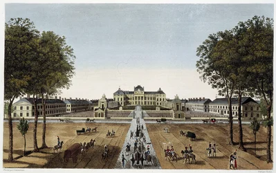 Utsikt över Royal Military School, utsikt från Avenue Vaugirard, ca. 1820 - i ""Views of Paris"" av Courvoisier