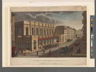 Utsikt över operans nya sal tagen från rue de Provence, graverad av Rousseau, ca 1821