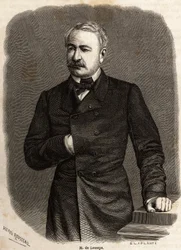 Porträtt av Ferdinand de Lesseps (1805-1894) diplomat och entreprenör, initiativtagare till de två ambitiösa projekten: Suez- och Panamakanalerna, teckning av Henri Rousseau, för att illustrera en utflykt till Suezkanalen 1862 av Paul Merruau. Gravyr i ""