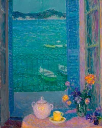 Bukett av blommor vid fönstret, Villefranche sur mer - Blommor vid fönstret, Villefranche-sur-Mer - Målning av Henri Le Sidaner (1862-1939)
