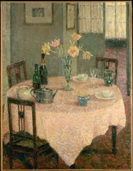 Interiör med rosa bordsduk (målning)