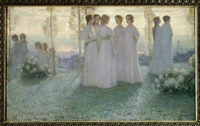 På söndagen pratade en vitklädd kvinna i en trädgård - Målning av Henri Eugene (Henri-Eugene) Le Sidaner (1862-1939)