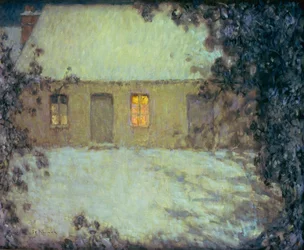Halmtäckt stuga under snön (olja på duk)