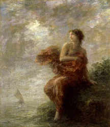 Ariane. Hon ser Thesees båt segla iväg i fjärran och förblir ensam, övergiven. Målning av Henri Fantin-Latour (Fantin Latour