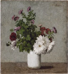 Blomsterstilleben: höstkrysantemum i en vit vas