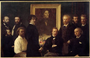 Hyllning till Eugene Delacroix. Karaktärerna som representeras är Louis Edmond Duranty (bokstävernas man), James Abbott Mac Neill Whistler (målare), Champfleury, Jules Husson (bokstävernas man), Edouard Manet, Charles Baudelaire, Louis Cordier, Alphonse Le