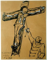 Satir om Dreyfus-affären: "" Kapten Dreyfus och general Mercier (1833-1921): krigsministern som dömde Dreyfus, i den romerske soldatens ställe, sträcker ut en svamp till kapten Dreyfus korsfäst så att han torkar sitt ansikte" ” Kinesiskt bläck och gouac
