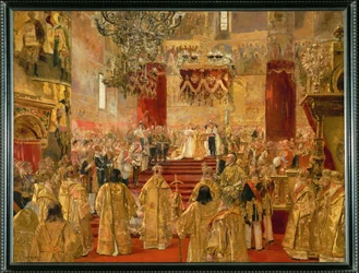Kröningen av tsar Nikolaj II och kejsarinnan Alexandra Fjodorovna i Marie Himmelsfärdskatedralen i Moskva