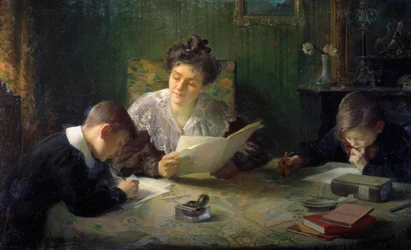 Läxor En mamma hjälper barn att göra sina läxor. Målning av Henri Jamet (1858-1940) 1900-talets Orleans, Musee des Beaux Arts