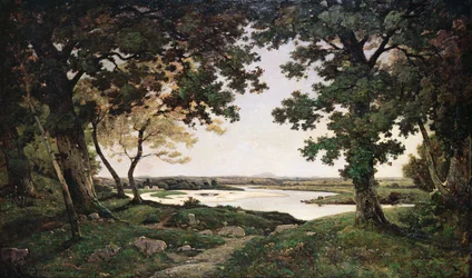 Skogbevuxen landskap med en sandig flod, 1882