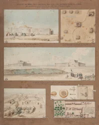 Sex vyer och teckningar av sjön Natron i Libyen, gjorda under den egyptiska arméns spaningsuppdrag ledd av general Andreossy, 1799 (penna, bläck och wc på papper)