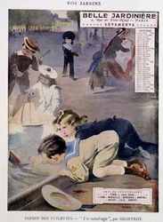 Barn som leker båtar i Tuilerierna av Jean Geoffroy (1853-1924), kalender "" Belle Jardiniere", serie "" Nos Jardins"", oktober, n.d. v.1900.