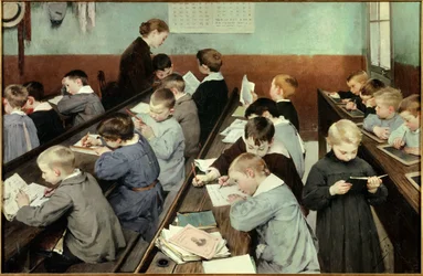 I klassen, de smås arbete. Unga pojkar i skolblus studerar i ett klassrum, några läser, andra skriver på sin anteckningsbok eller på tavlor. Målning av Jean Henri Jules Dit Geo Geoffroy (1853-1924)