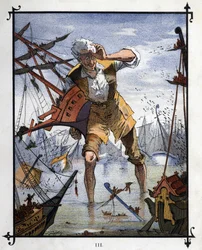 Lemuel Gulliver i mitten av ett sjöslag mellan fartygen Lilliput och Blefuscu. Illustration för "" Gulliver