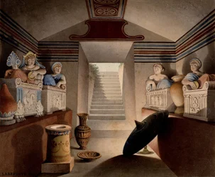 Utsikt över en etruskisk grav, 1849 (wc och grafit på papper)