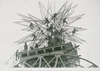 Universell utställning 1900: Installation av stjärnan på toppen av Palace of Electricity (gravyr)