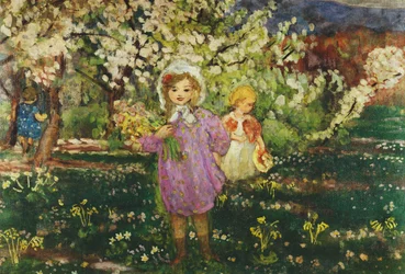 Barn i en fruktträdgård i blom; Barn i en blommande fruktträdgård, 1914