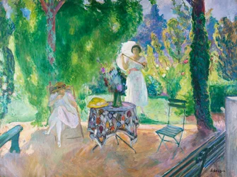 Två kvinnor i en trädgård på sommaren, ca 1923