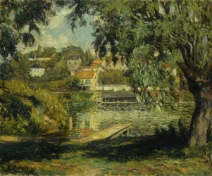By på stranden av floden; Village au Bord de la Riviere, ca 1900