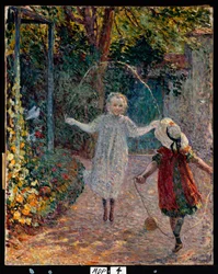 Unga flickor som leker i trädgården, 1899