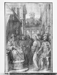 Life of Christ, Christ before Herodes, förberedande studie av gobelängtecknad film för kyrkan Saint-Merri i Paris, ca 1585-90 (pierre noire und wash und white highlights on paper)