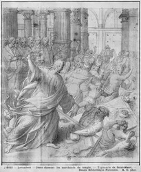 Life of Christ, Jesus jagar köpmännen från templet, förberedande studie av gobelängtecknad film för kyrkan Saint-Merri i Paris, ca 1585-90 (pierre noire und wash und white highlights on paper)