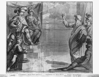 Life of Christ, St. Paul predikar, förberedande studie av gobelängtecknad film för kyrkan Saint-Merri i Paris, ca 1585-90 (pierre noire und wash und white highlights on paper)