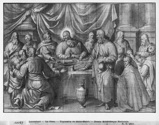 Livet av Kristus, den sista måltiden, förberedande studie av gobelängtecknad film för kyrkan Saint-Merri i Paris, ca 1585-90 (pierre noire und wash und white highlights on paper)