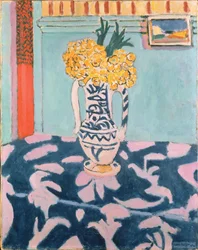Cowslips på blått och rosa tyg