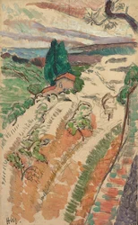Landskap, St. Tropez, ca 1904 (olja över blyerts på pannå)