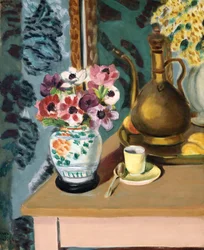 Stilleben, blommor och en kopp