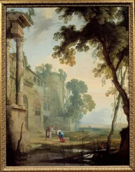 Landskap består: en kvinna en gammal man och ett barn i ett landskap av romerska ruiner med damm. Målning av Henri Mauperche (1602-1688)