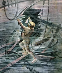 En dykare letar efter ett vrak i La Havres hamn, Frankrike, 1892