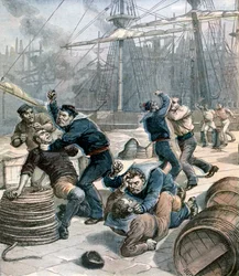 Bråk mellan engelska och tyska sjömän vid Millwall Docks, London, 1892