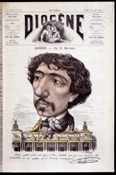Tecknad serie av Charles Garnier, sittande på hans verk, Opera Garnier - i "" Diogenes"" från 1867-11-02