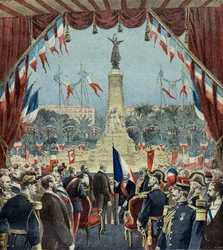 Felix Faure inviger monumentet som markerar hundraårsminnet av Nice återförening med Frankrike 1896 (Gravyr)