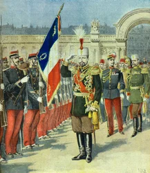 Ferdinand 1:e kung av Bulgarien tas emot på Elysee-palatset , Paris 1896 (Gravyr)