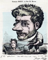 Georges Bizet (1838-1875), fransk kompositör - karikatyr, med autograf av Bizet, av Henri Meyer dit Reyem (1844-1899) för "" Diogene""